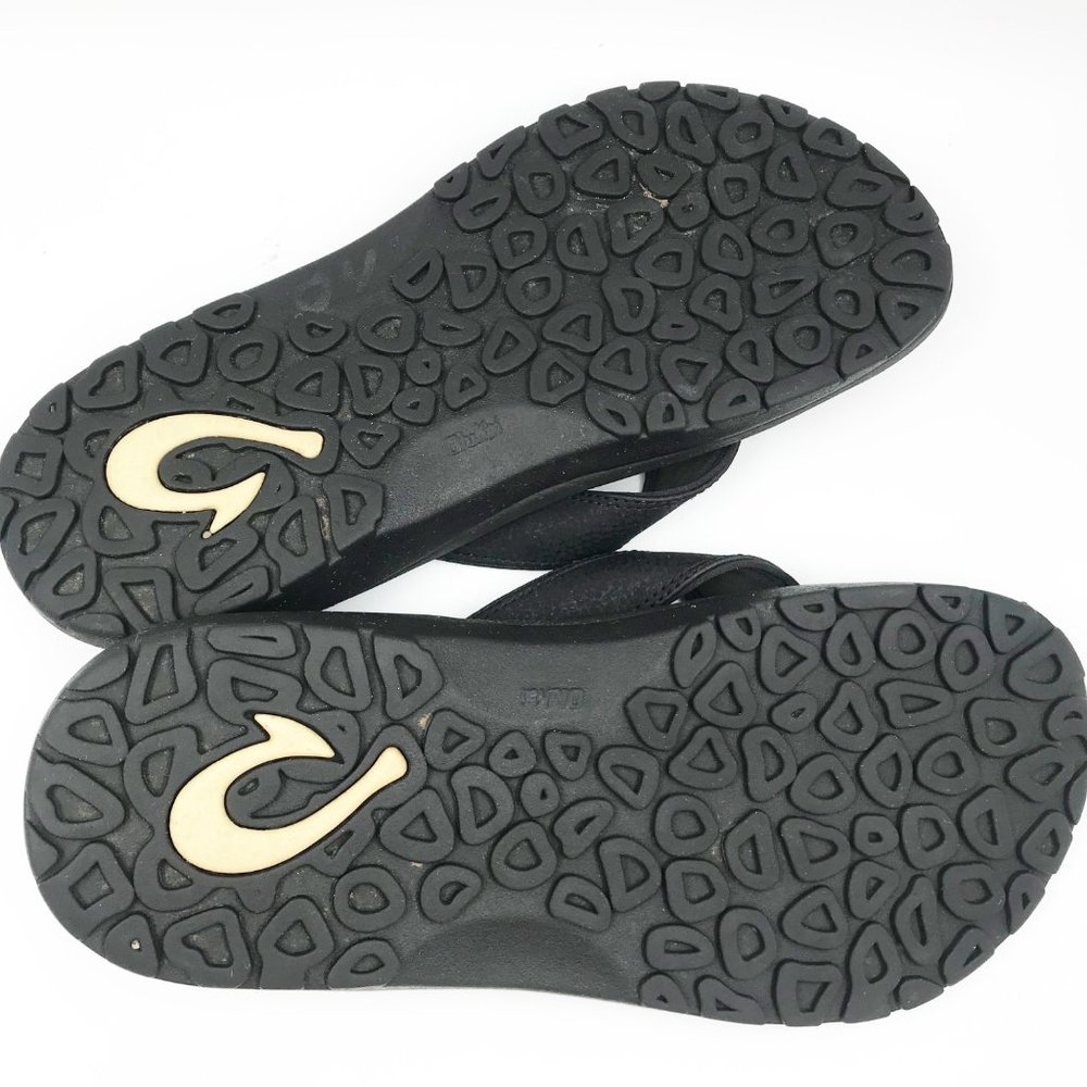 OLUKAI Black Leather Flip Flop Thong Sandals Mens 8 Womens 11 Beach Vacation - Picture 9 of 10